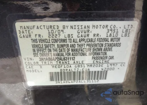 2010 Nissan Sentra 2.0S z USA, uszkodzony, nr VIN 3N1AB6AP2AL631112